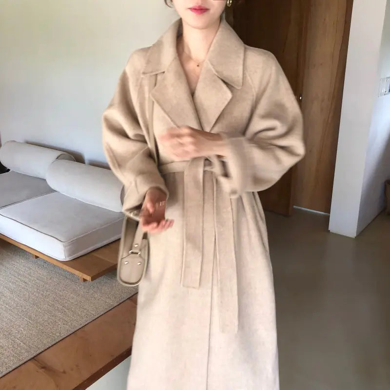 Lapel Loose Tie Women's Cashmere Wool Coat