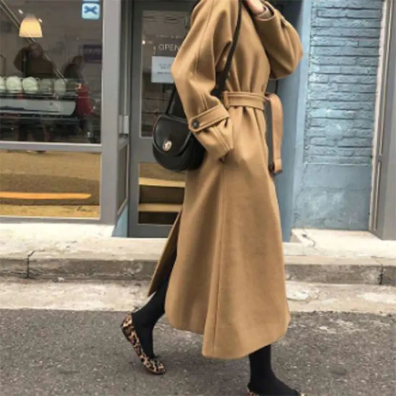 Winter Women's Thicken Wool Blend Long Coat (Korean Style)