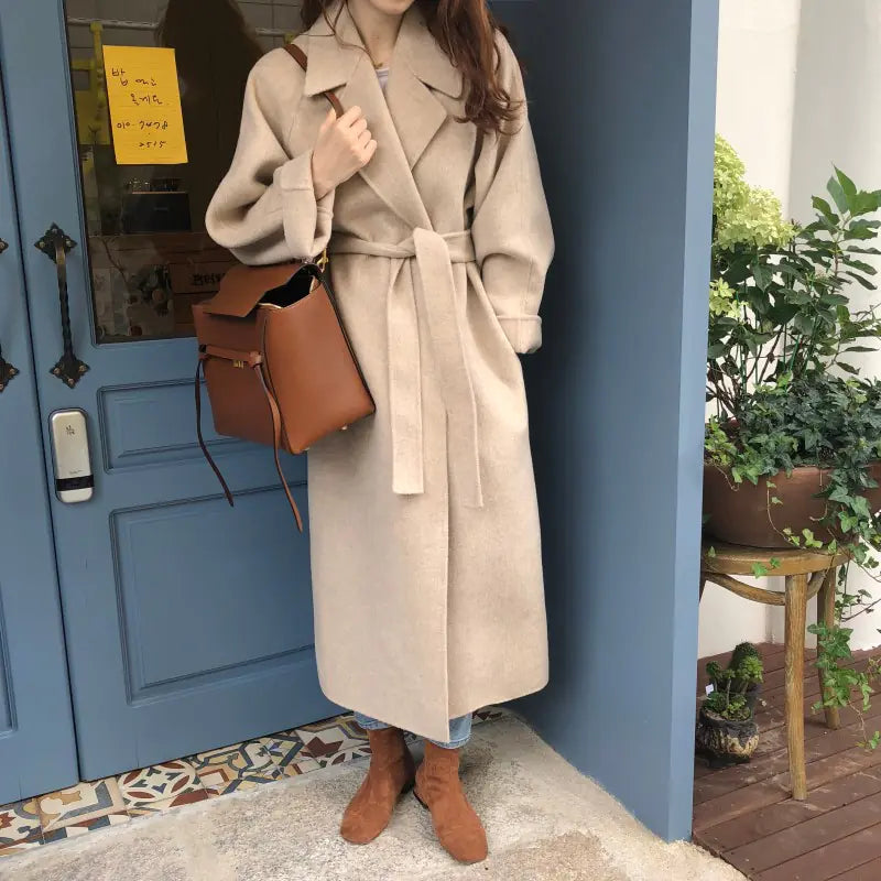 Lapel Loose Tie Women's Cashmere Wool Coat