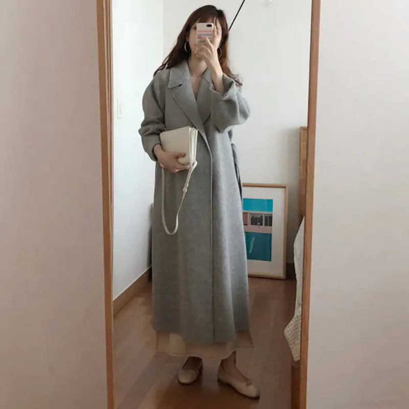 Lapel Loose Tie Women's Cashmere Wool Coat